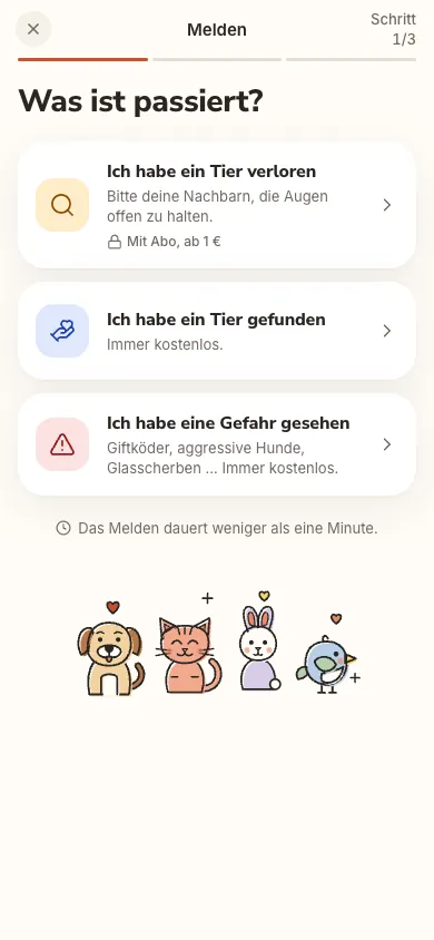 Der Berry-Bildschirm Melden: Tier verloren, Tier gefunden, Gefahr gesehen