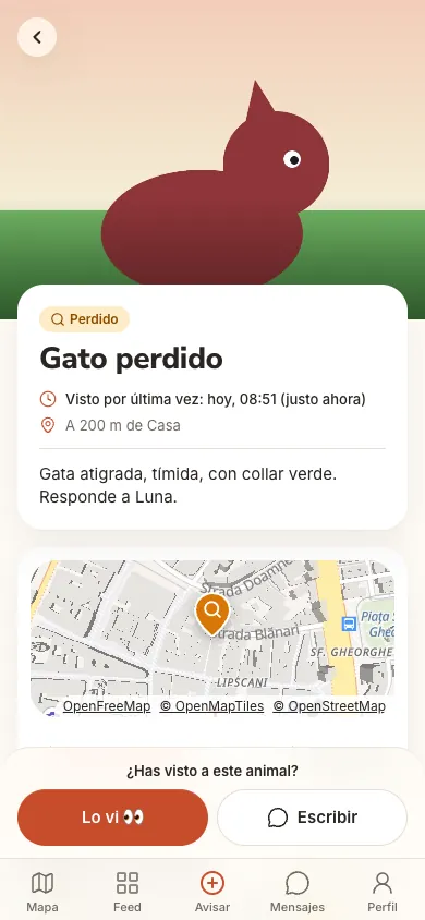 Anuncio de un gato perdido con los botones Lo vi y Escribir