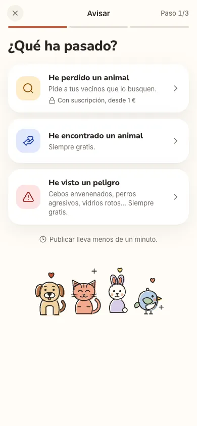 La pantalla Publicar de Berry: He perdido una mascota, He encontrado una mascota, He visto un peligro