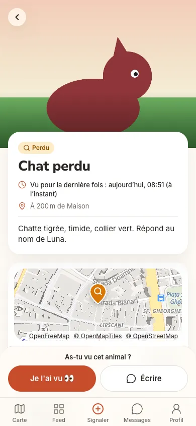 Une annonce de chat perdu avec les boutons Je l'ai vu et Écrire