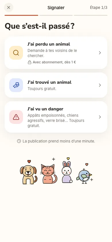 L'écran Publier de Berry : J'ai perdu un animal, J'ai trouvé un animal, J'ai vu un danger