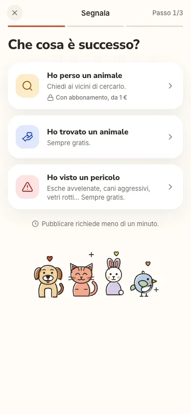 La schermata Pubblica di Berry: Ho perso un animale, Ho trovato un animale, Ho visto un pericolo