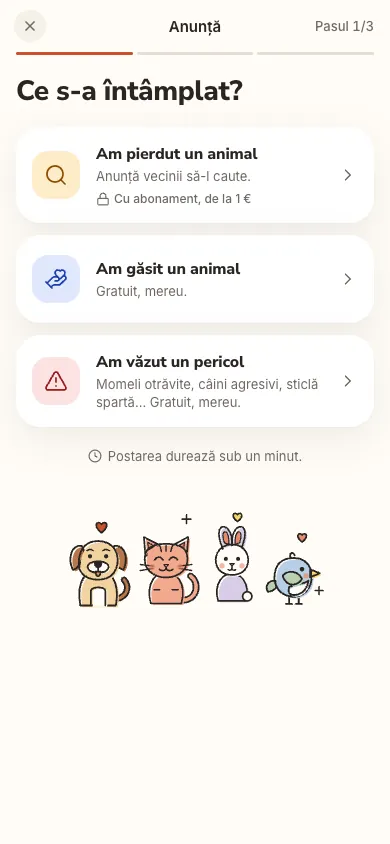 Ecranul Anunță din Berry: Am pierdut un animal, Am găsit un animal, Am văzut un pericol